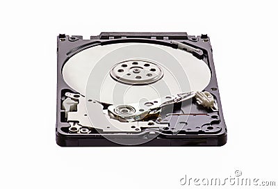 Opened disassembled hard drive from the computer, hdd with mirror effect. Isolated on white background Stock Photo