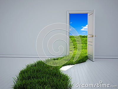 Opened door and grass path Stock Photo