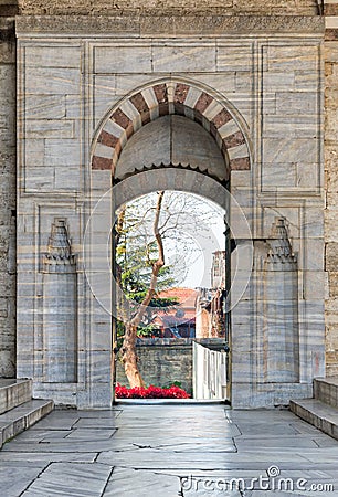 Opened door leading to the court of Blue Mosque, Istanbul, Turkey Stock Photo