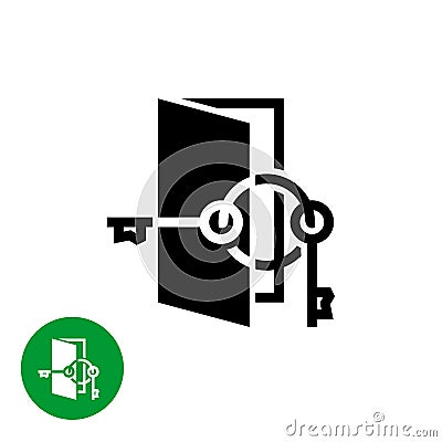 Opened door with two keys on a ring logo. Rent house symbol. Vector Illustration