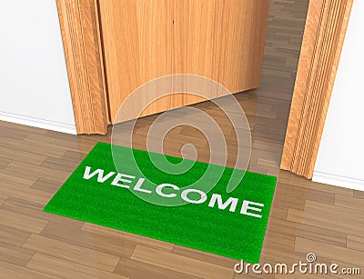 Opened door with welcome rug Stock Photo