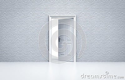 Opened door with white brick wall Stock Photo