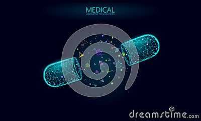 Opened drug capsule medicine business concept. Banner blue glowing medicament prebiotic probiotic ball health care cure Vector Illustration