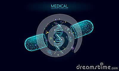 Opened drug capsule medicine business concept. DNA gene therapy blue medicament prebiotic probiotic ball health care Vector Illustration