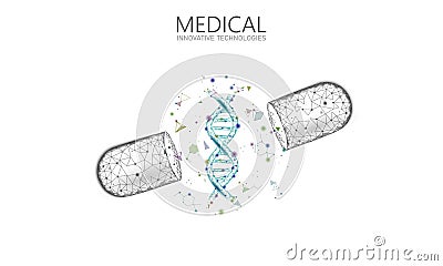 Opened drug capsule medicine business concept. DNA gene therapy blue medicament prebiotic probiotic ball health care Vector Illustration