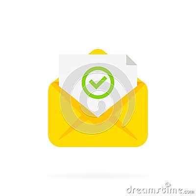 Opened envelope and document with green check mark icon. Approved tick marker, mail sent successfully, e-mail delivery, Vector Illustration