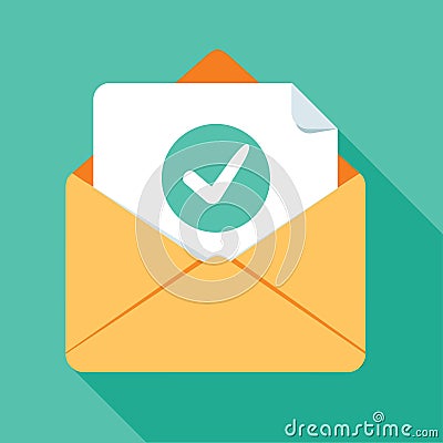 Opened envelope and document with green check mark line icon. Official confirmation message, mail sent successfully Vector Illustration