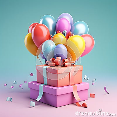 opened gift box balloons, 3d clay illustration and gradient background, Generated AI Cartoon Illustration