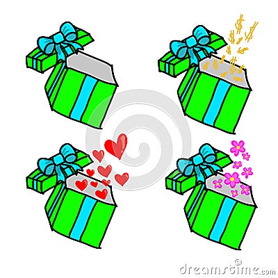 Opened gift box with dollar, hearts and flowers Vector Illustration