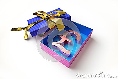 Opened gift box with golden ribbon, with the sterling pound symbol inside Stock Photo