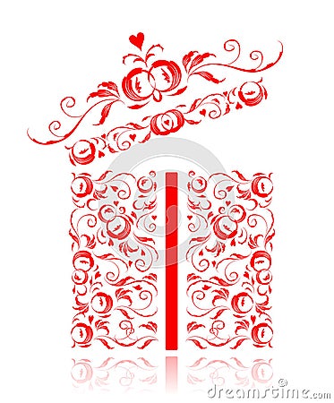Opened gift box stylized, floral ornament design Vector Illustration
