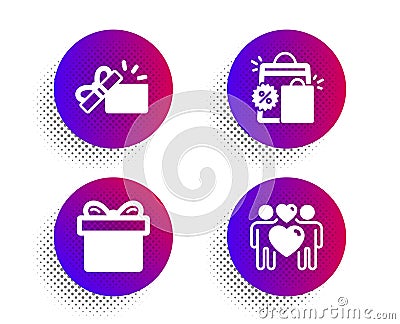 Opened gift, Shopping bags and Gift box icons set. Love couple sign. Vector Vector Illustration