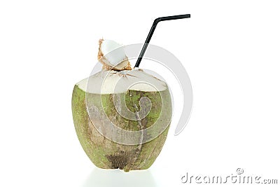 Opened green coconut with straw, isolated on white background. Food or fruit object concept Stock Photo
