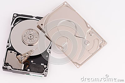 opened hard disk drive on grey background Stock Photo