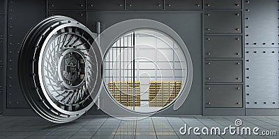 Opened huge bank vault full of gold bars front view Stock Photo