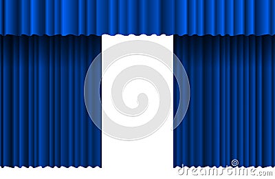 Opened luxury blue realistic curtain stage backdrop. Grand open theater event velvet fabric drape opening ceremony Vector Illustration