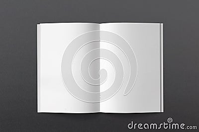 Opened Magazine or Brochure on black paper. Blank pages top view Stock Photo