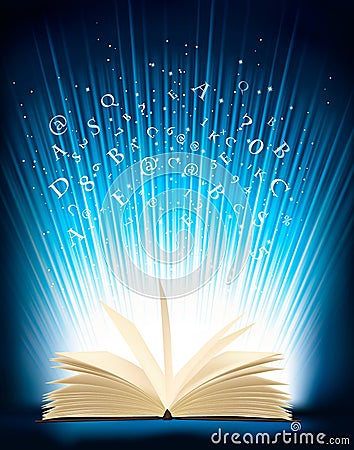 Opened magic book with magic light Vector Illustration