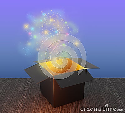 Opened magic boxes dark light from inside. Cartoon Illustration
