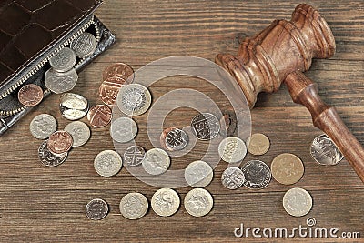 Opened Male Wallet, British Coins And Judges Gavel On Wood Editorial Stock Photo