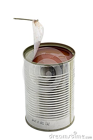Opened metal can with pieces of tomatoes Stock Photo
