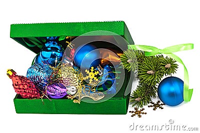 Opened New Year green box with twig Christmas tree Stock Photo