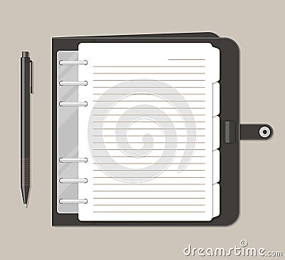 Opened notebook with pen in top view. Vector Illustration