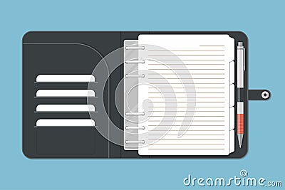 Opened notebook with pen in top view. Vector Illustration