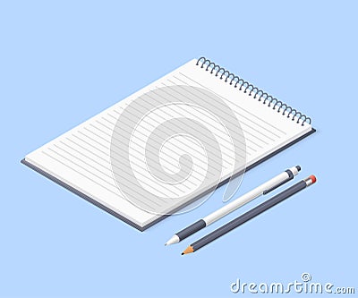 Opened notepad with pencil and pen. Sketchbook or diary. Isometric vector illustration Vector Illustration