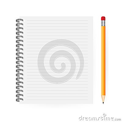 Opened notepad with pencil in top view. Sketchbook or diary. Vector illustration Vector Illustration