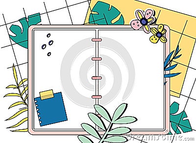 Opened notepad and tropical leaves top view. Trendy modern style illustration of blank sketchbook, diary. Notebook mock up Vector Illustration