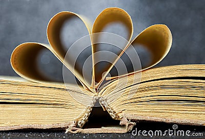 Opened old book on a dark background. Library archive. History and memoirs. Educational and fiction Stock Photo