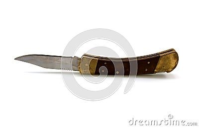 The opened old penknife with the wooden handle Stock Photo