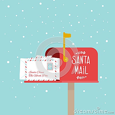 Opened outdoor Christmas mailbox full of letters. Santa Claus mail. Snowing. Raised mailbox flag. Vector illustration, flat design Vector Illustration