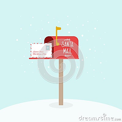 Opened outdoor Christmas mailbox with letters. Santa Claus mail. Raised mailbox flag. Vector illustration, flat design Vector Illustration