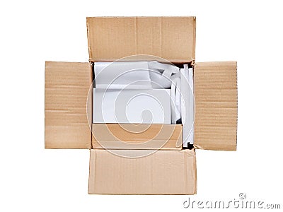Opened package. Top view of open delivery with blank white box i Stock Photo