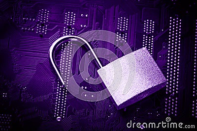 Opened padlock on computer motherboard. Internet data privacy information security concept. Ultraviolet toned image Stock Photo