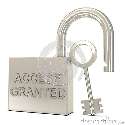 Opened padlock, key and access granted text Stock Photo