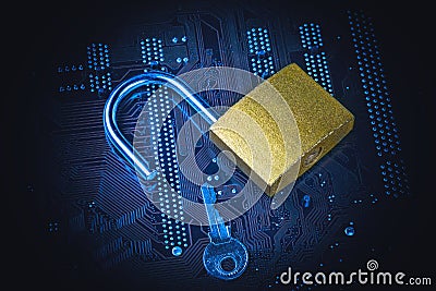 Opened padlock with a key on computer motherboard. Internet data privacy information security concept. Blue toned image Stock Photo