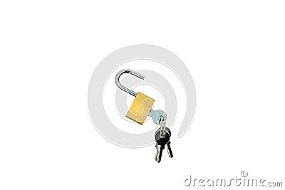 Opened padlock and keys isolated on white background Stock Photo