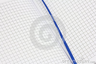 Opened page spread of notepad, clean white sheet, lined in checked with blue textile bookmark to record important events, close-up Stock Photo