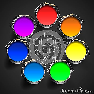 Opened paint buckets with multicolored paints Vector Illustration