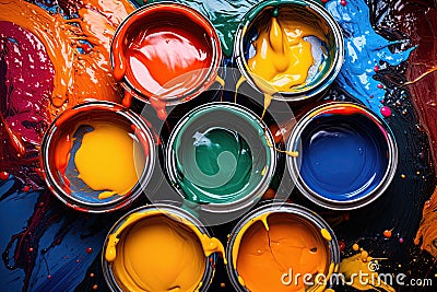 Opened paint cans. Top view, flat lay. Generative Ai Stock Photo