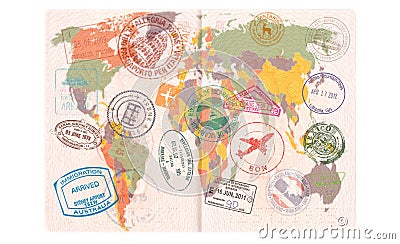 Opened passport with Visas, Stamps, Seals. World Map Travel or Tourism concept Stock Photo