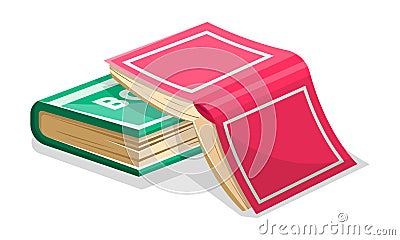 Opened pink book is on closed green another. Not read to the end novel concept. Vector Illustration