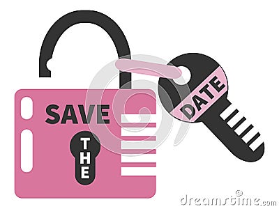Opened pink padlock and key with words SAVE THE DATE. Isolated Vector Illustration