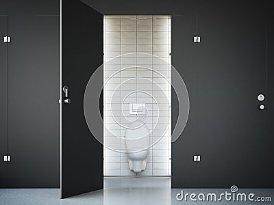 Opened public toilet cubicle with dark door. 3d rendering Stock Photo