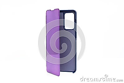 opened purple case-book for smartphone on a white background Stock Photo