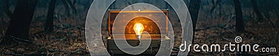 Opened rustic box in a forest clearing at twilight a single lightbulb glowing intensely inside Stock Photo