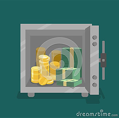 Opened safe with coins and cash in front view. Flat style Vector Illustration